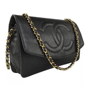CHANEL BLACK CC CAVIAR LEATHER FLAP BAG